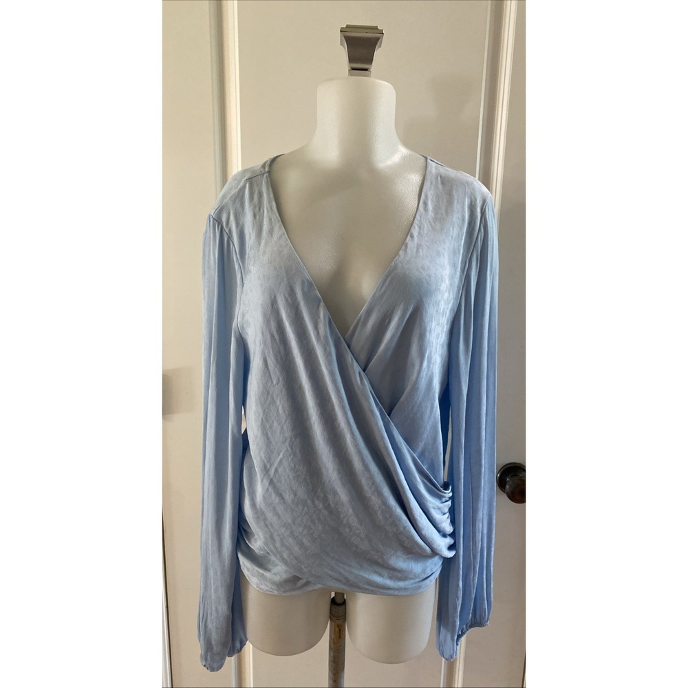 by Anthropologie Faux Wrap Top Drape Long Sleeve Light Blue -Size XL Boho
